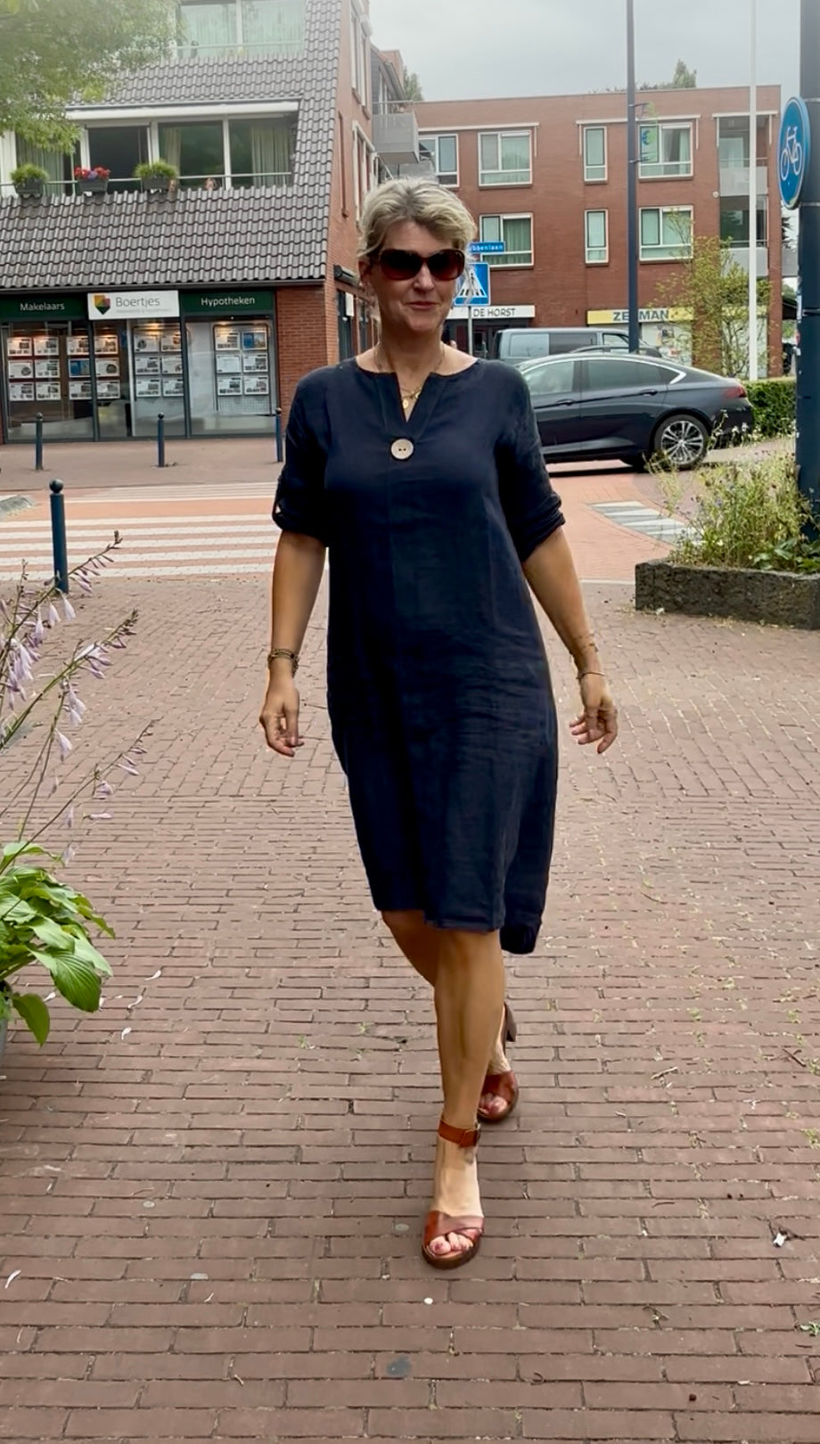 Linnen jurk knoop navy